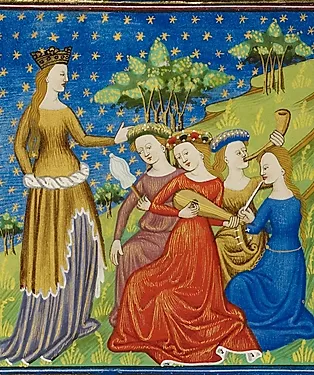 Ilustración de 'De Mulieribus Claris', nunha edición de circa 1440: a raiña Xoana de Napoles con tres mulleres tocando música e unha coa roca (pero sen fio e fuso!). (i.1)