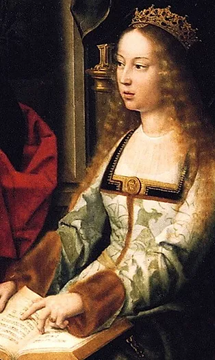 Posible imaxe de Isabel a Católica (ou Santa Catalina de Alexandría), no retablo «A Virxe da Mosca» («Sagrada Familia con Santa Magdalena e Santa Catalina»). Anónimo da escola flamenca, arredor do 1520. (i.8)