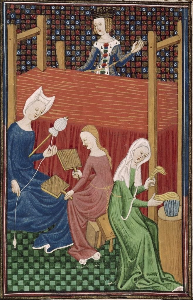 Ilustración de 'De Mulieribus Claris', nunha edición de circa 1440:catro mulleres cardando, fiando e tecendo no capitulo de Gaia Cecilia. (i.1)