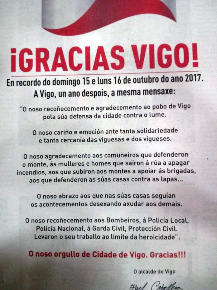 Mensaxe do alcalde de Vigo, Abel Caballero, co gallo do aniversario da vaga de incendios de outubro de 2017.