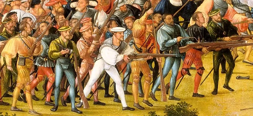 Arcabuceiros alemáns nun cadro de 1533, nunha representación da Batalla de Alesia. (i.3)