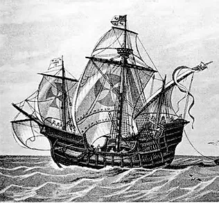 Recreación da Nao Sta. María, “a galega” da primeira frota de Colón. As naos eran empregadas por galegos e portugeses no seu comercio con Andalucía e o norte de Europa, exactamente as mesmas rutas que consignou Maria de Pazos Figueroa. (i.7)