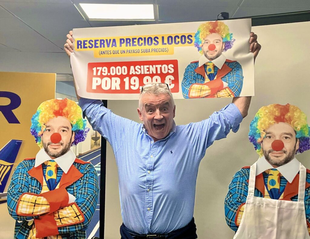 Michael O'Leary coa campaña de paiaso de Raynair | Foto Ryanair en X