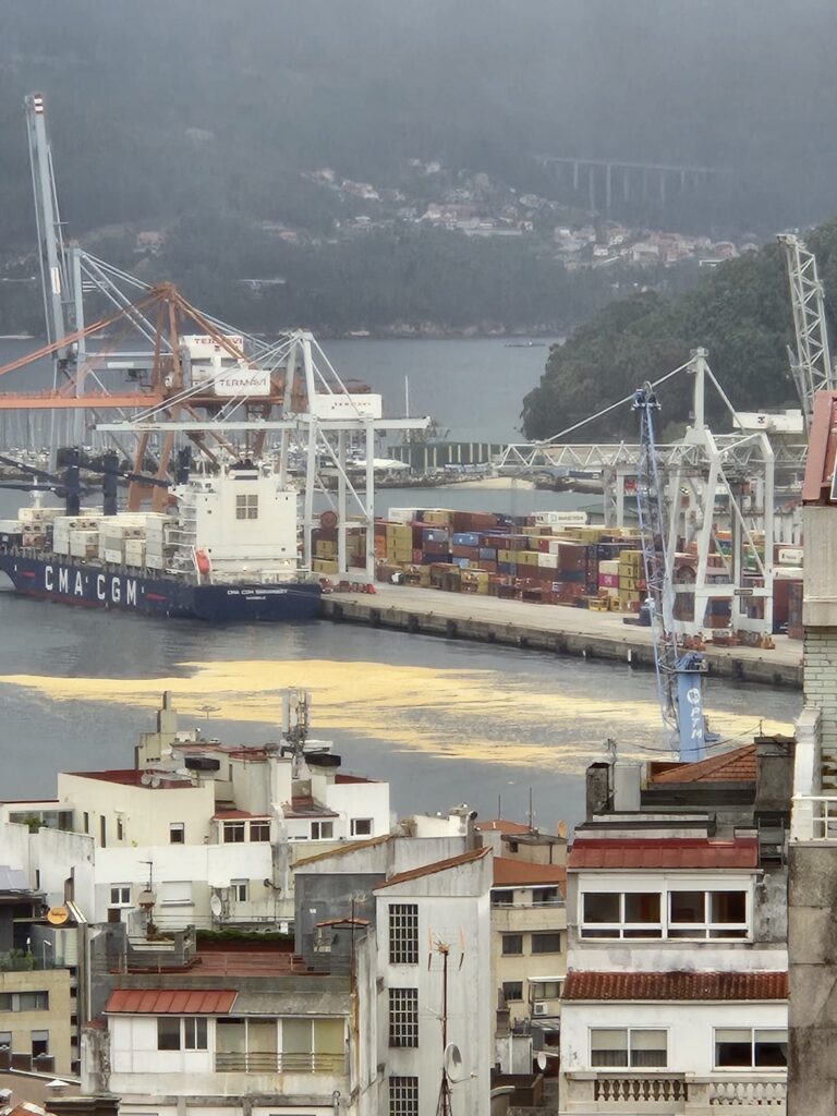 A Xunta mobiliza buques, drones e empresas de limpeza tras unha gran mancha de graxa de palma no Porto de Vigo